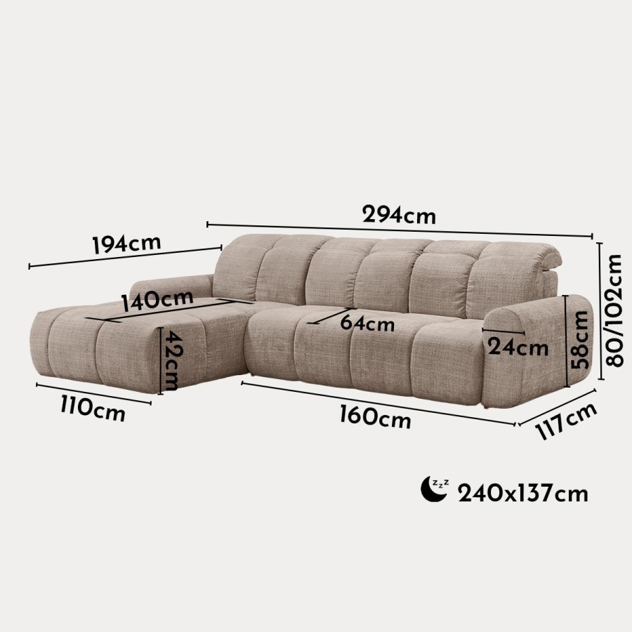 Canapé d'angle convertible avec coffre en tissu taupe foncé - Angle gauche