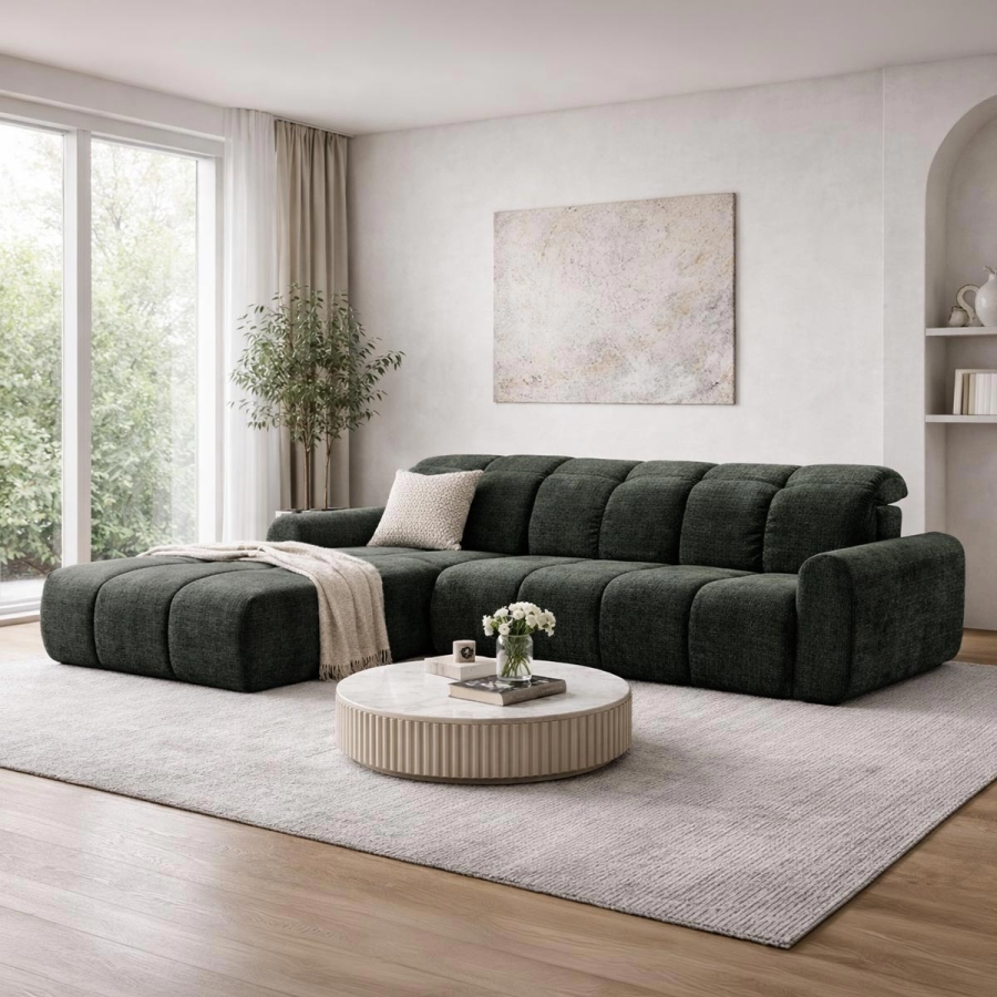 Canap&eacute; d'angle convertible avec coffre en tissu vert sapin - Angle gauche CREMONA 39