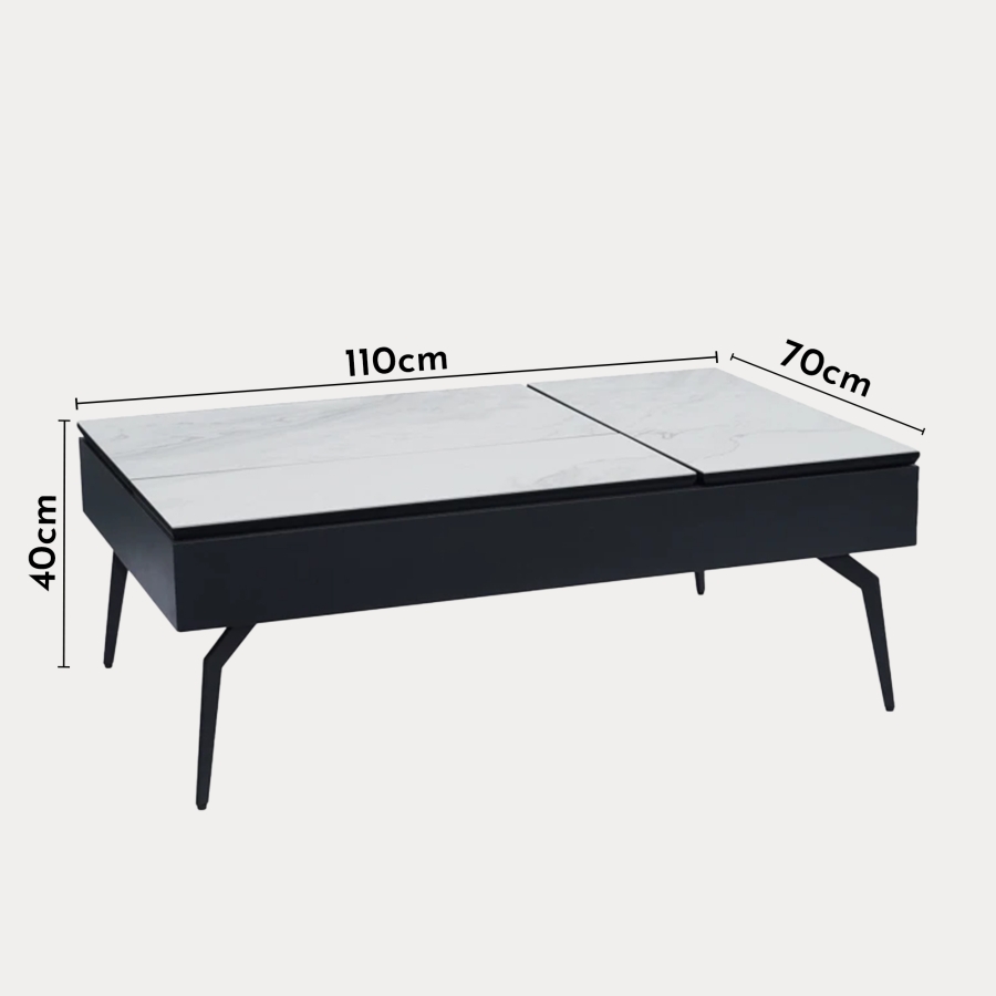 Table basse à plateau relevable en céramique blanc et coffre de rangement