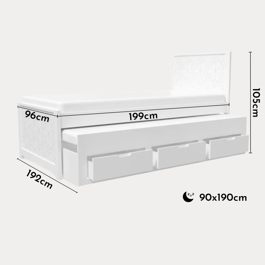 Lit gigogne avec rangement en bois blanc 90 x 190 cm