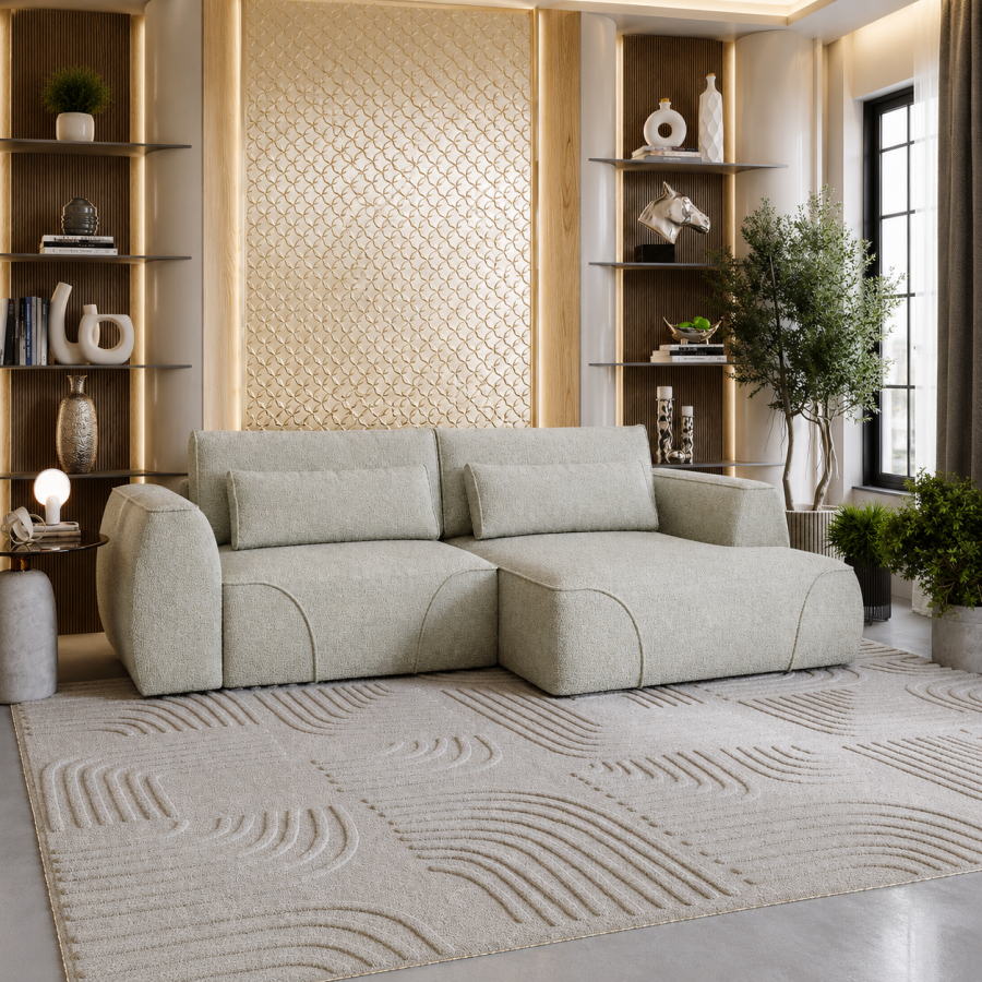 Canapé d'angle convertible avec coffre en tissu beige - Angle droit