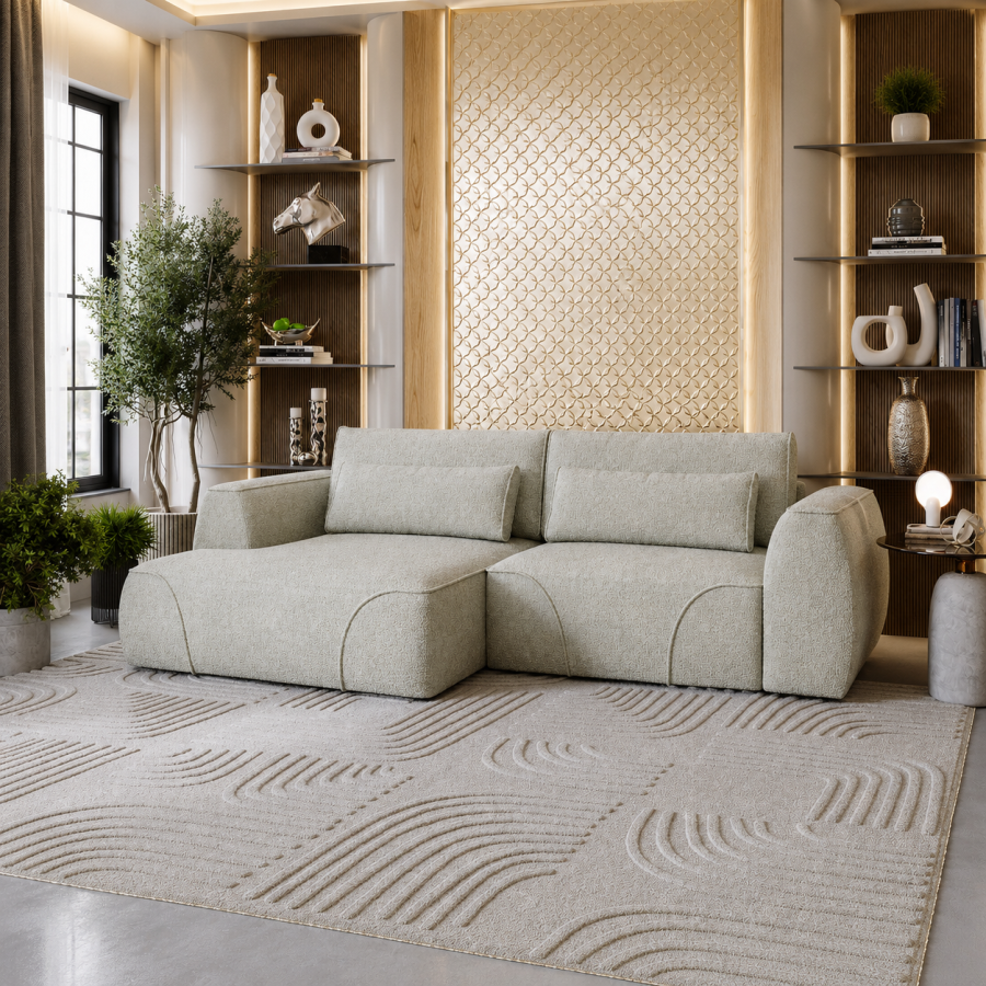 Canap&eacute; d'angle convertible avec coffre en tissu beige - Angle gauche