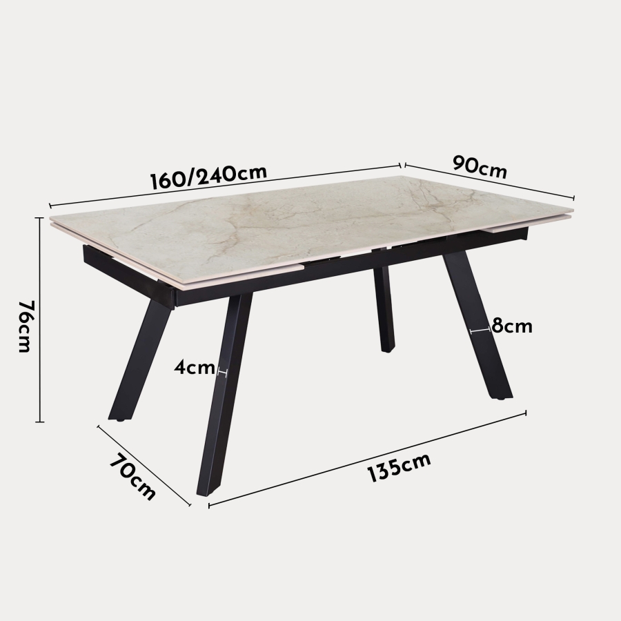 Table extensible en pierre fritt&eacute;e beige pieds en m&eacute;tal noir 160-240 cm