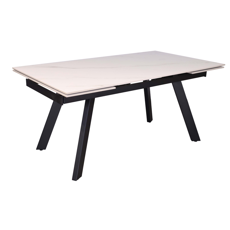 Table extensible en pierre fritt&eacute;e blanc pieds en m&eacute;tal noir 160-240 cm