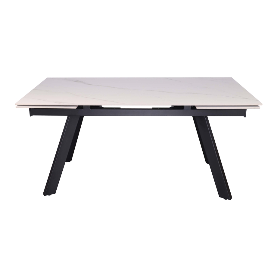 Table extensible en pierre fritt&eacute;e blanc pieds en m&eacute;tal noir 160-240 cm