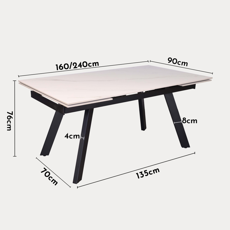 Table extensible en pierre fritt&eacute;e blanc pieds en m&eacute;tal noir 160-240 cm