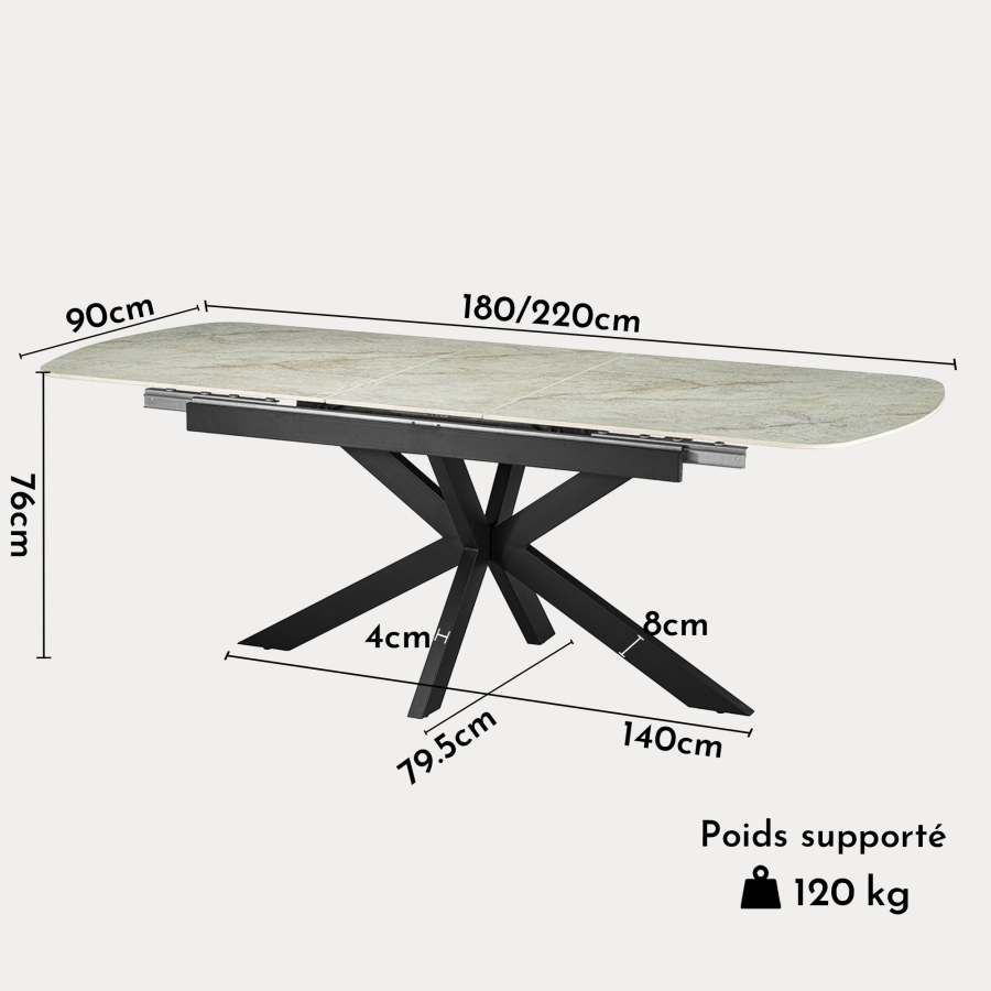 Table extensible rectangulaire en pierre fritt&eacute;e beige pieds en m&eacute;tal noir 180-220 cm