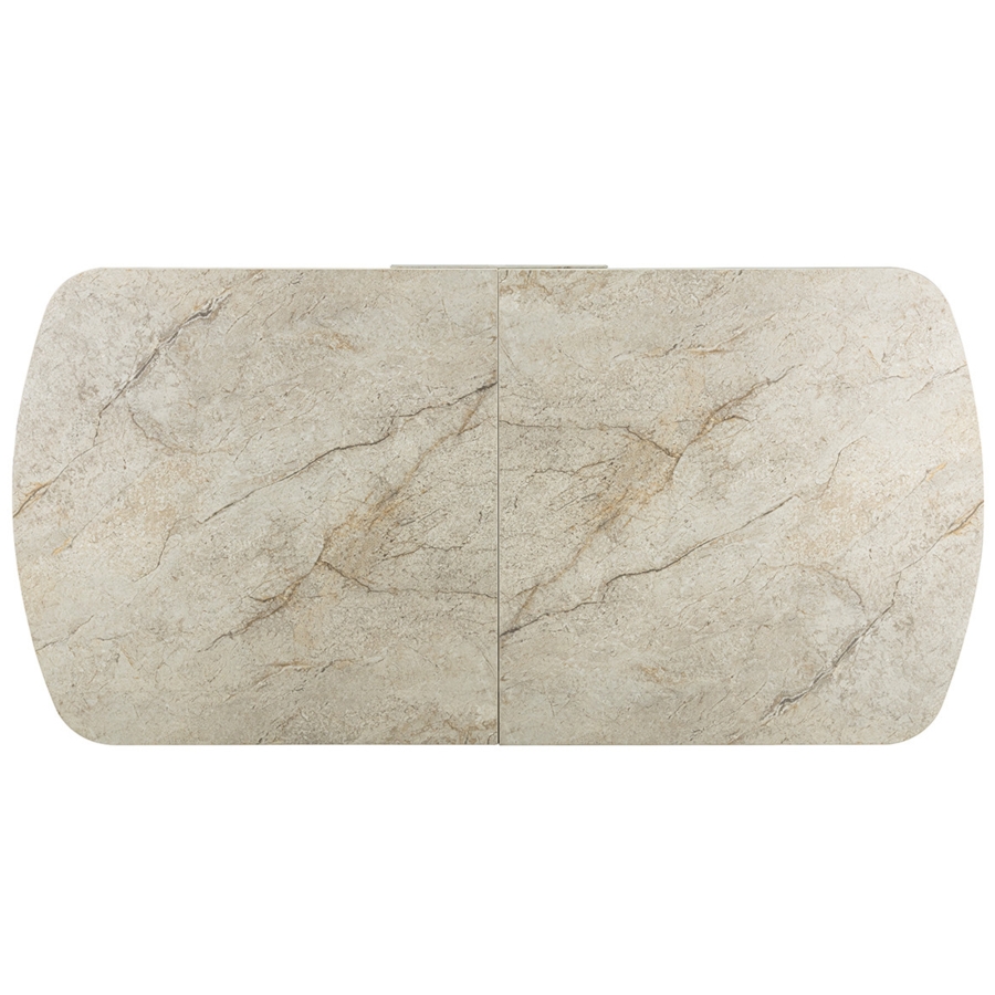 Table extensible rectangulaire en pierre fritt&eacute;e beige pieds en m&eacute;tal noir 180-220 cm