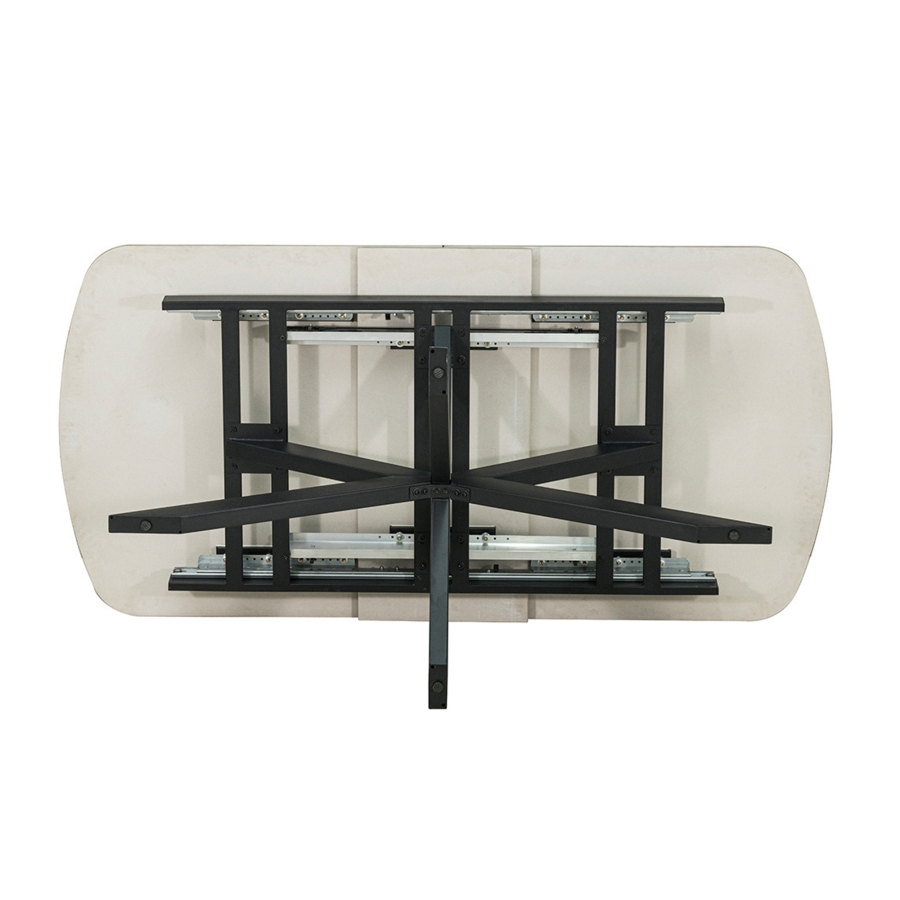 Table extensible rectangulaire en pierre fritt&eacute;e beige pieds en m&eacute;tal noir 180-220 cm