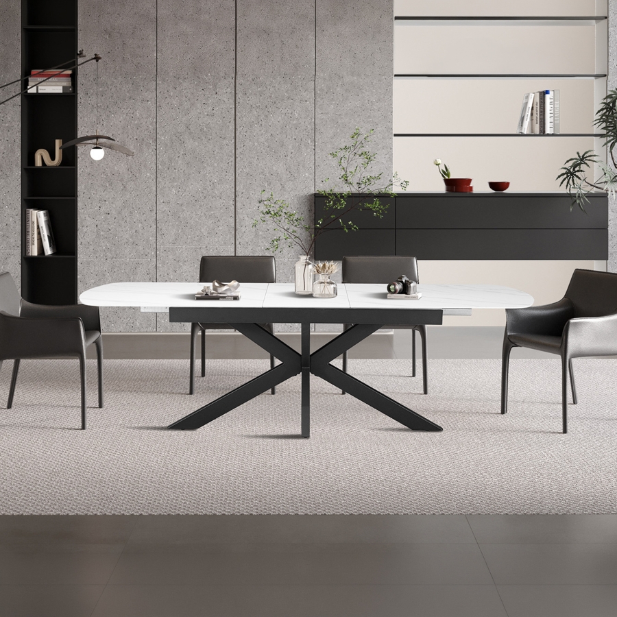 Table extensible rectangulaire en pierre fritt&eacute;e blanc pieds en m&eacute;tal noir 180-220
