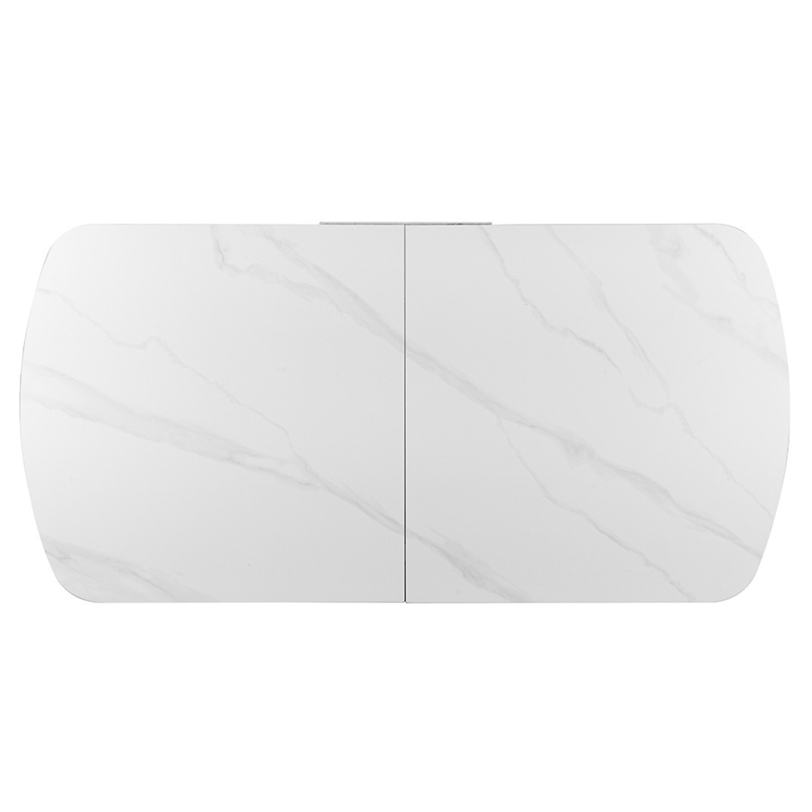 Table extensible rectangulaire en pierre fritt&eacute;e blanc pieds en m&eacute;tal noir 180-220