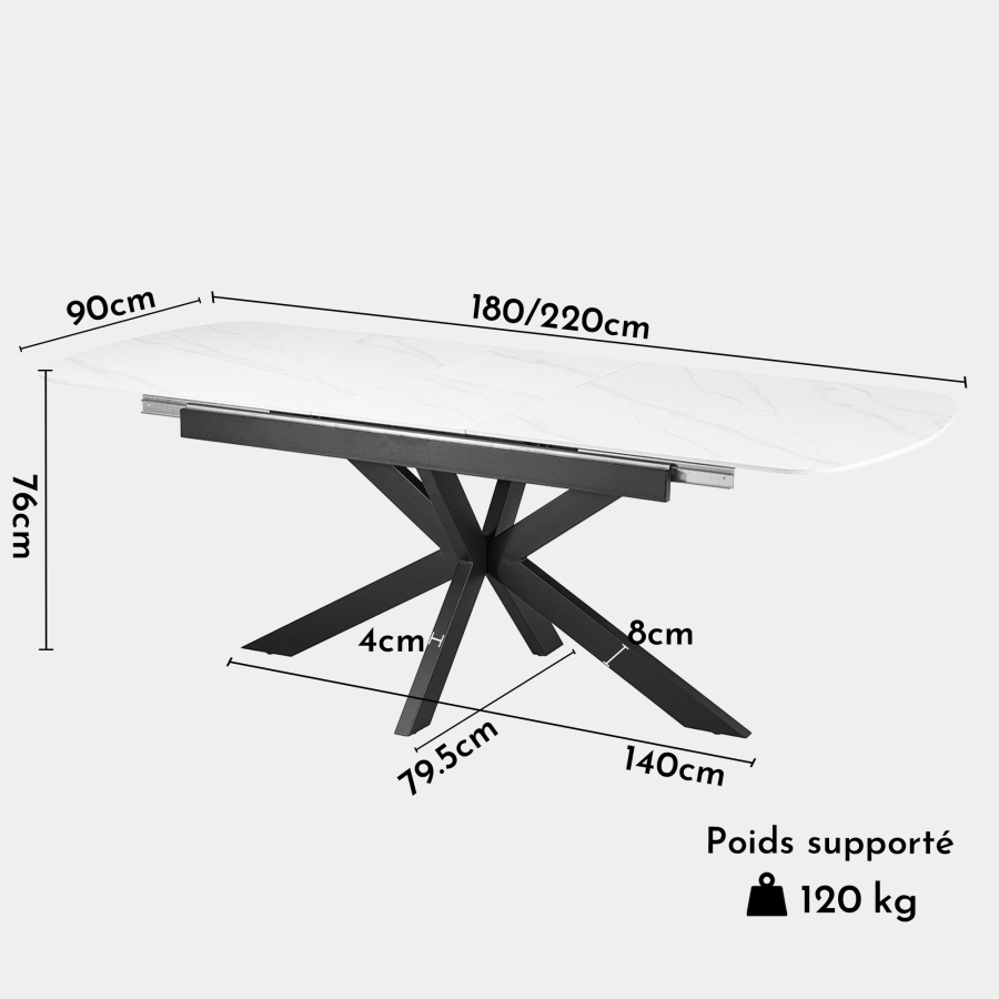Table extensible rectangulaire en pierre fritt&eacute;e blanc pieds en m&eacute;tal noir 180-220