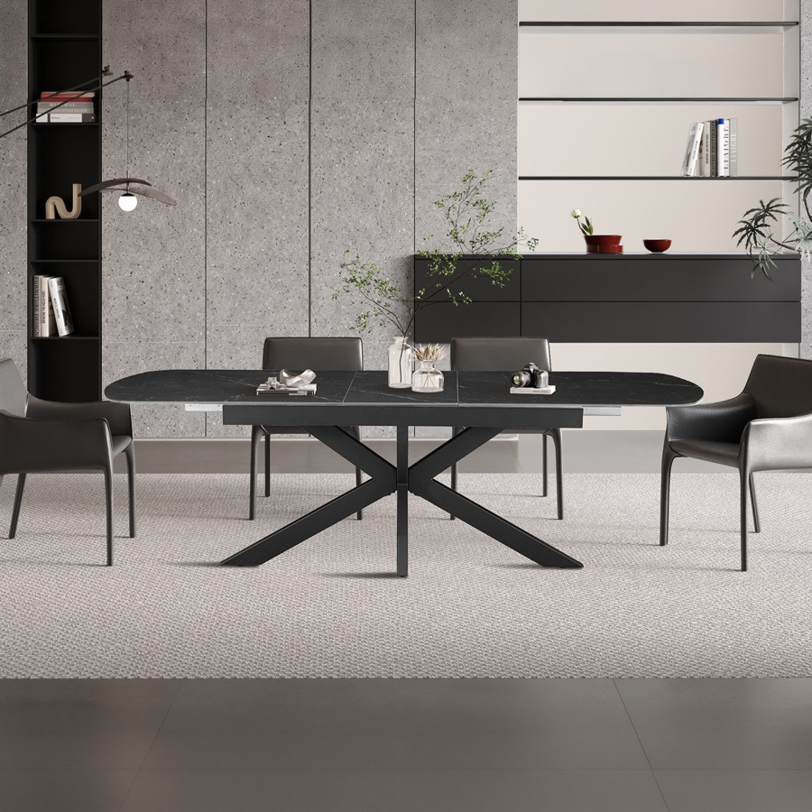 Table extensible rectangulaire en pierre fritt&eacute;e noir pieds en m&eacute;tal noir 180-220 cm