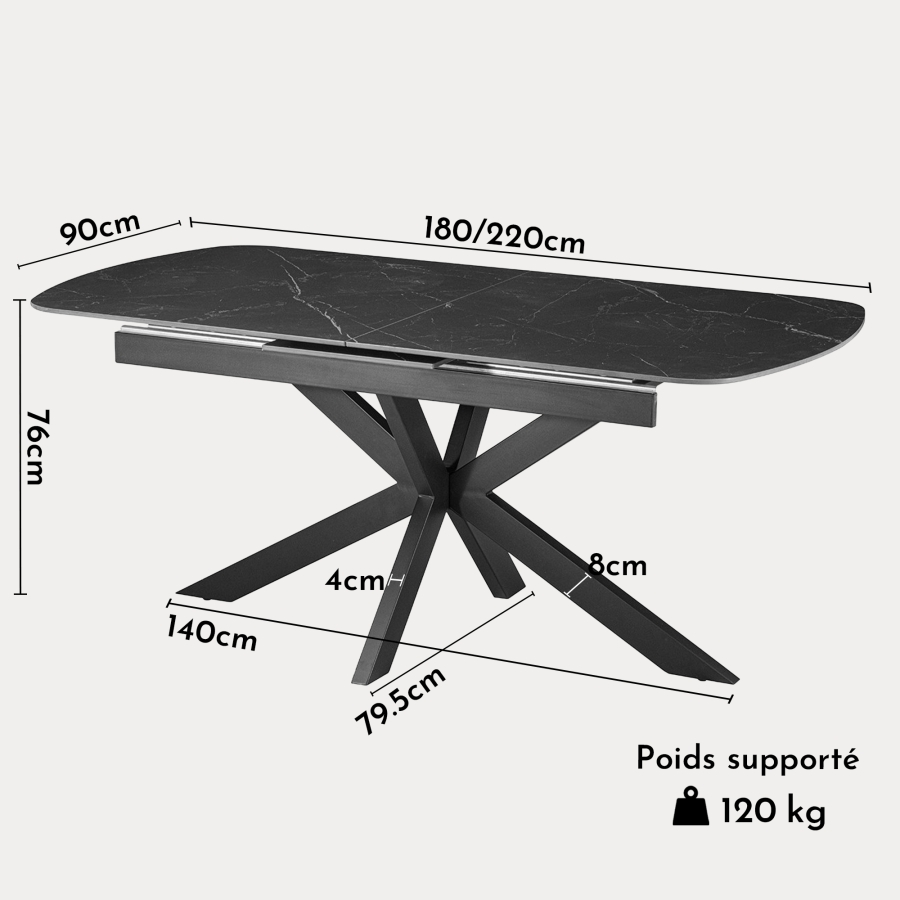 Table extensible rectangulaire en pierre fritt&eacute;e noir pieds en m&eacute;tal noir 180-220 cm