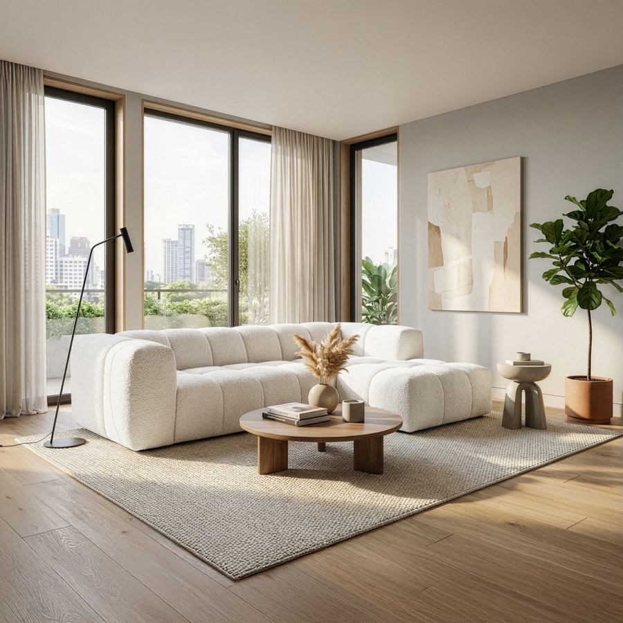 Canapé d'angle tissu bouclette beige - Angle droit