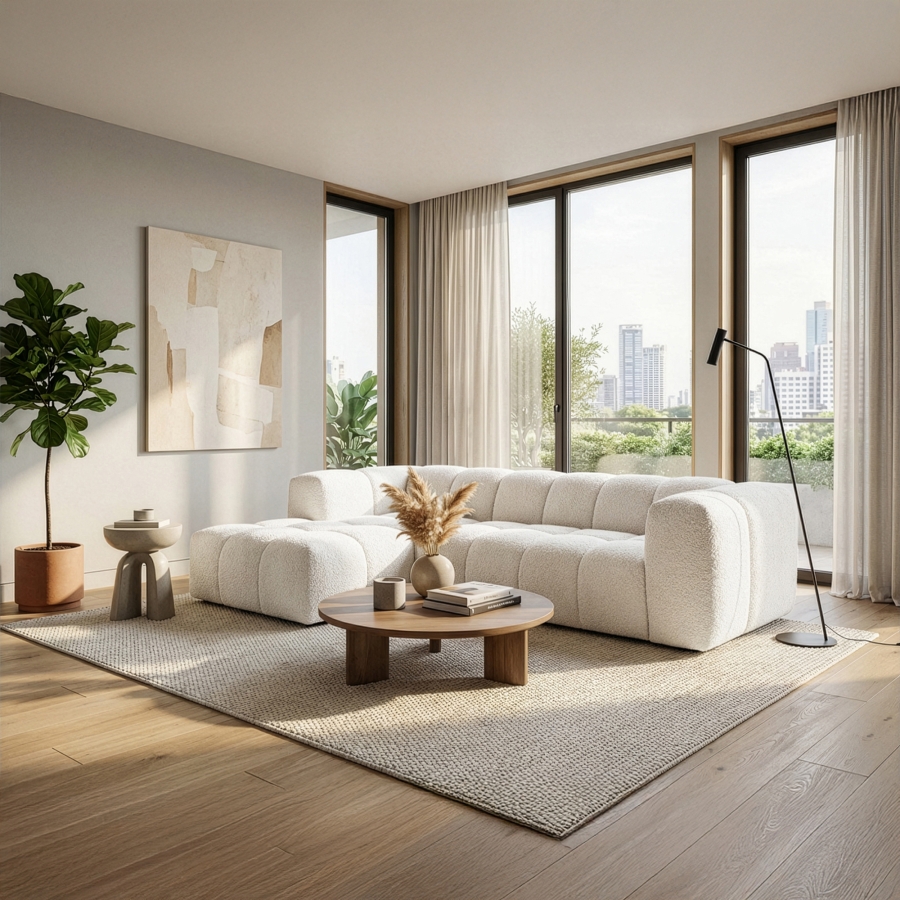 Canapé d'angle tissu bouclette beige - Angle gauche