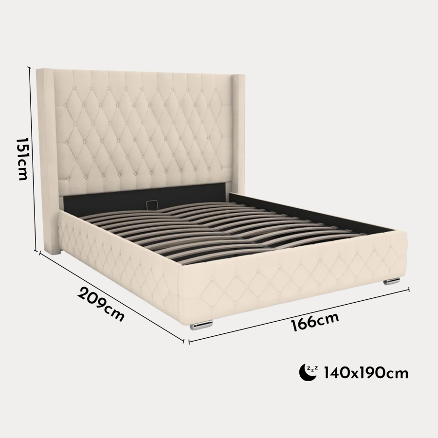 Lit capitonné coffre en velours beige 140x190 cm