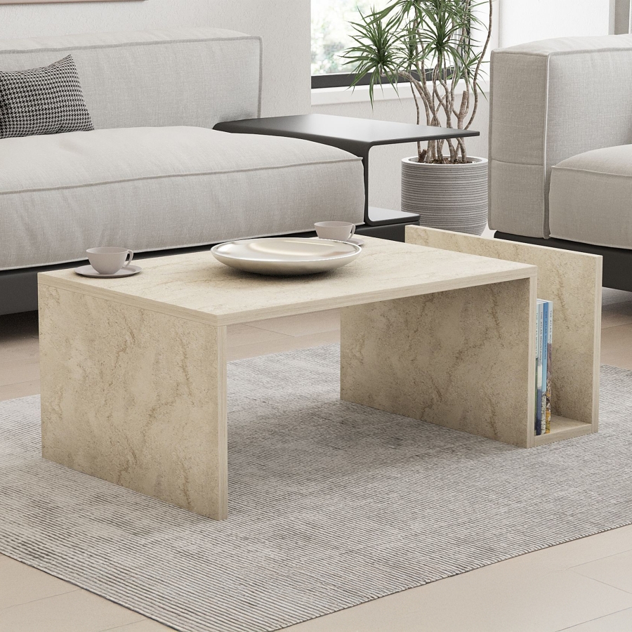 Table basse rectangulaire beige avec rangement int&eacute;gr&eacute;
