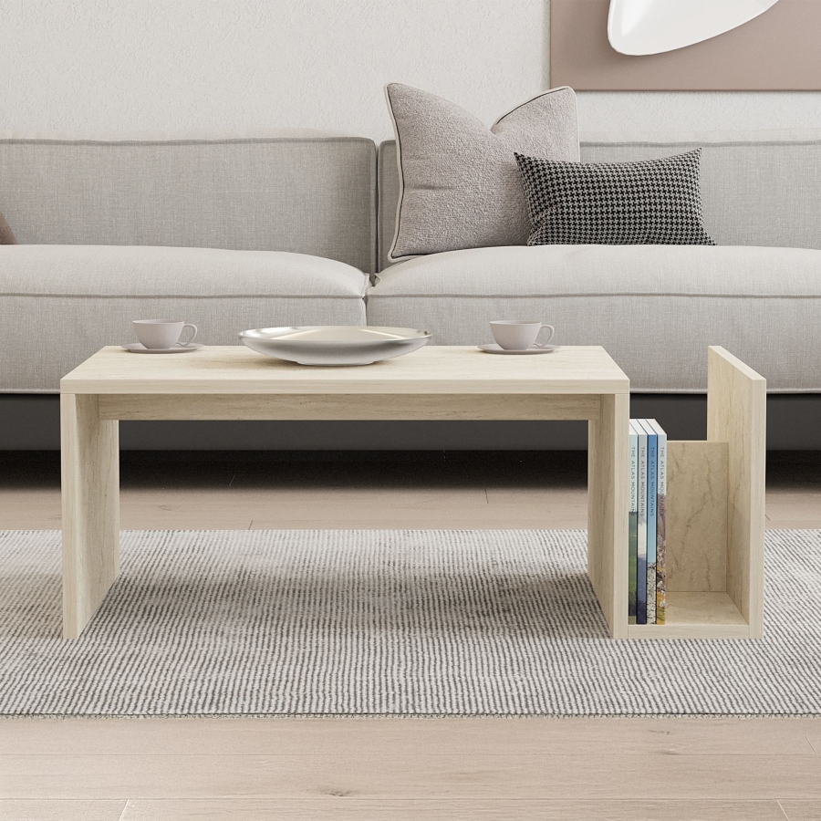 Table basse rectangulaire beige avec rangement int&eacute;gr&eacute;