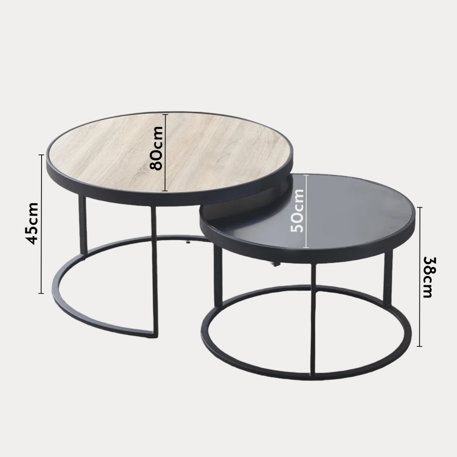 Lot de 2 tables basses rondes gigognes couleur bois et noir