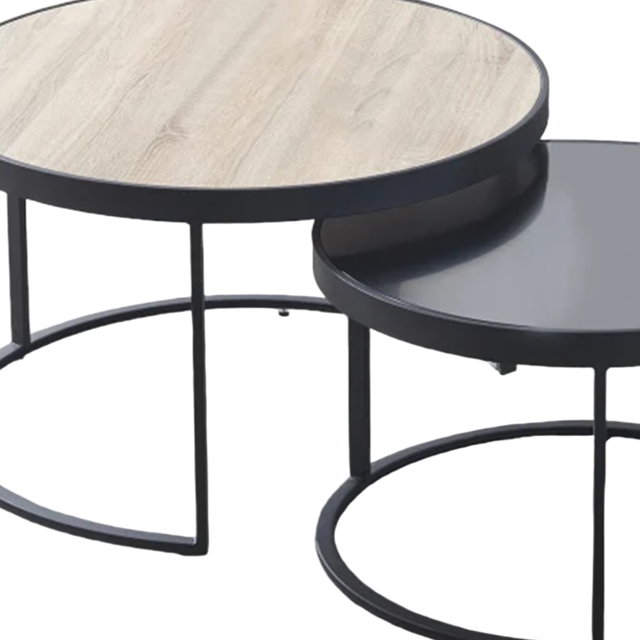 Lot de 2 tables basses rondes gigognes couleur bois et noir