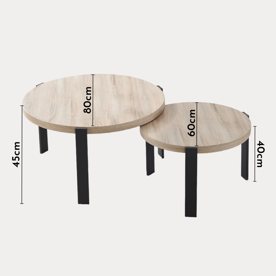 Lot de 2 tables basses rondes gigognes en bois piètement métal noir