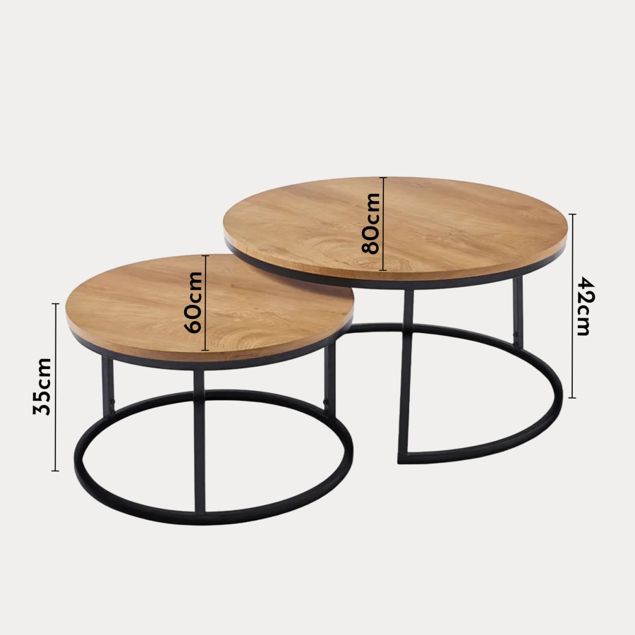 Lot de 2 tables basses rondes gigognes en bois et métal noir
