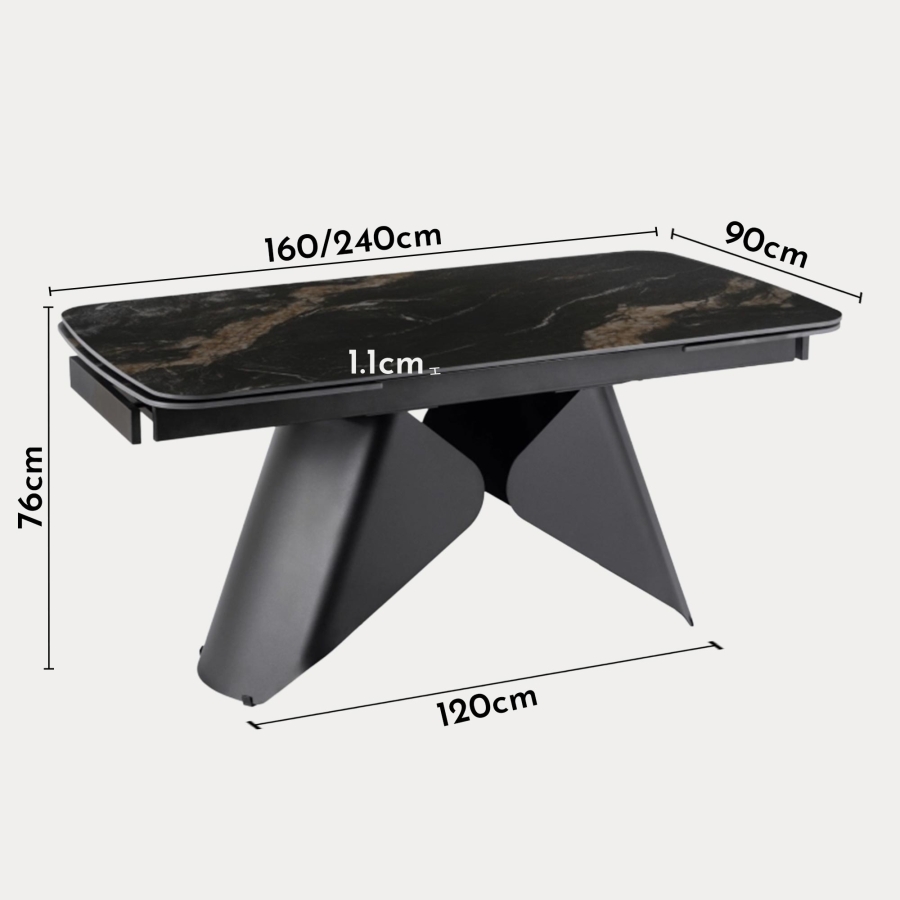 Table à manger extensible en céramique couleur marbre noir pieds en métal 160-240 cm