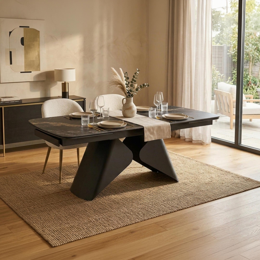 Table à manger extensible en céramique couleur marbre noir pieds en métal 160-240 cm