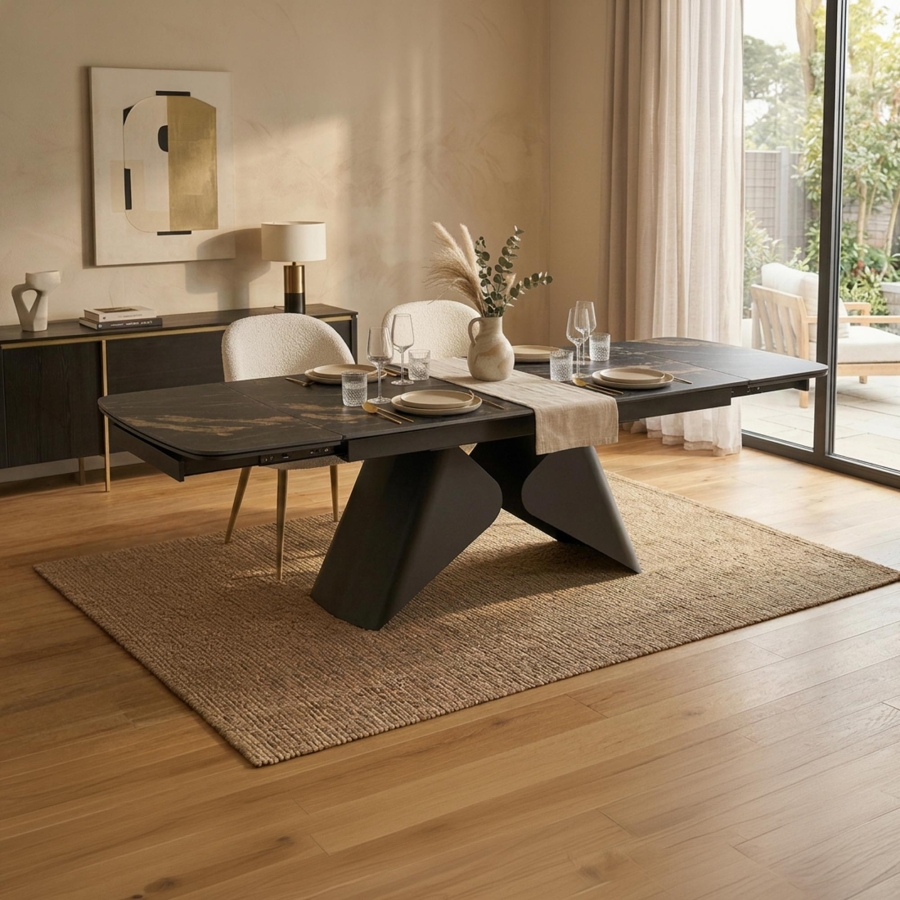 Table à manger extensible en céramique couleur marbre noir pieds en métal 160-240 cm