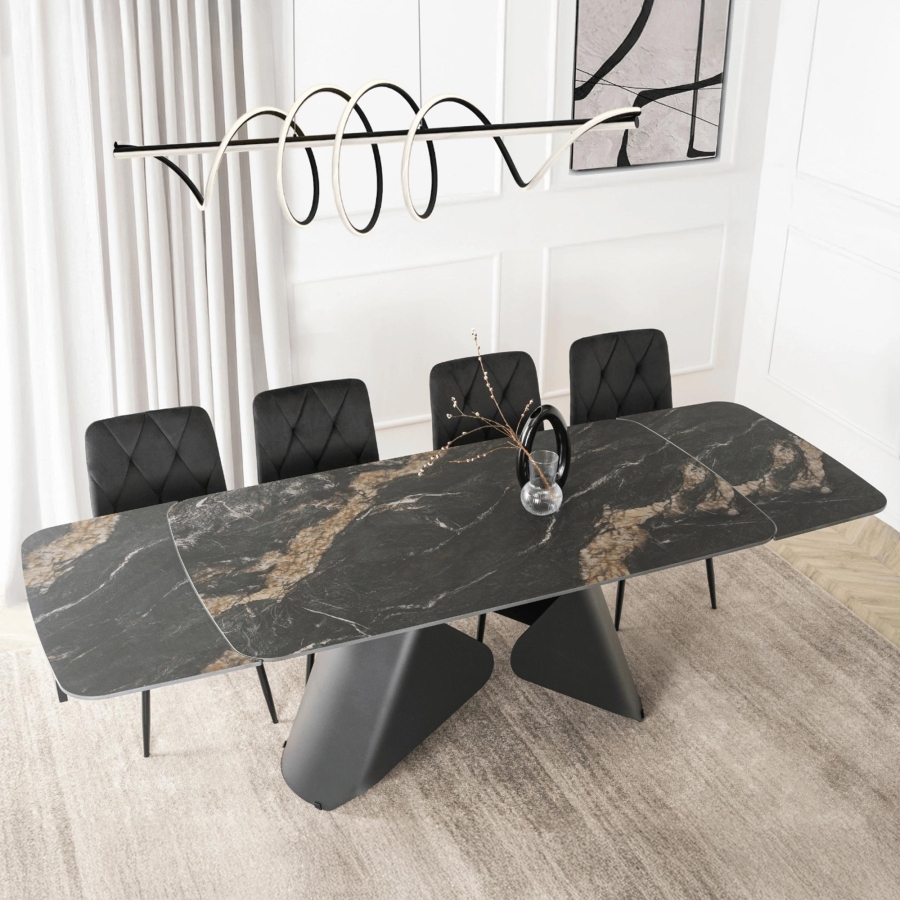 Table à manger extensible en céramique couleur marbre noir pieds en métal 160-240 cm