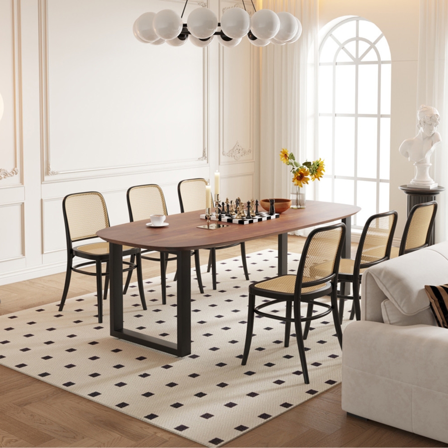 Table à manger ovale en bois de manguier clair pieds en métal noir 220 cm