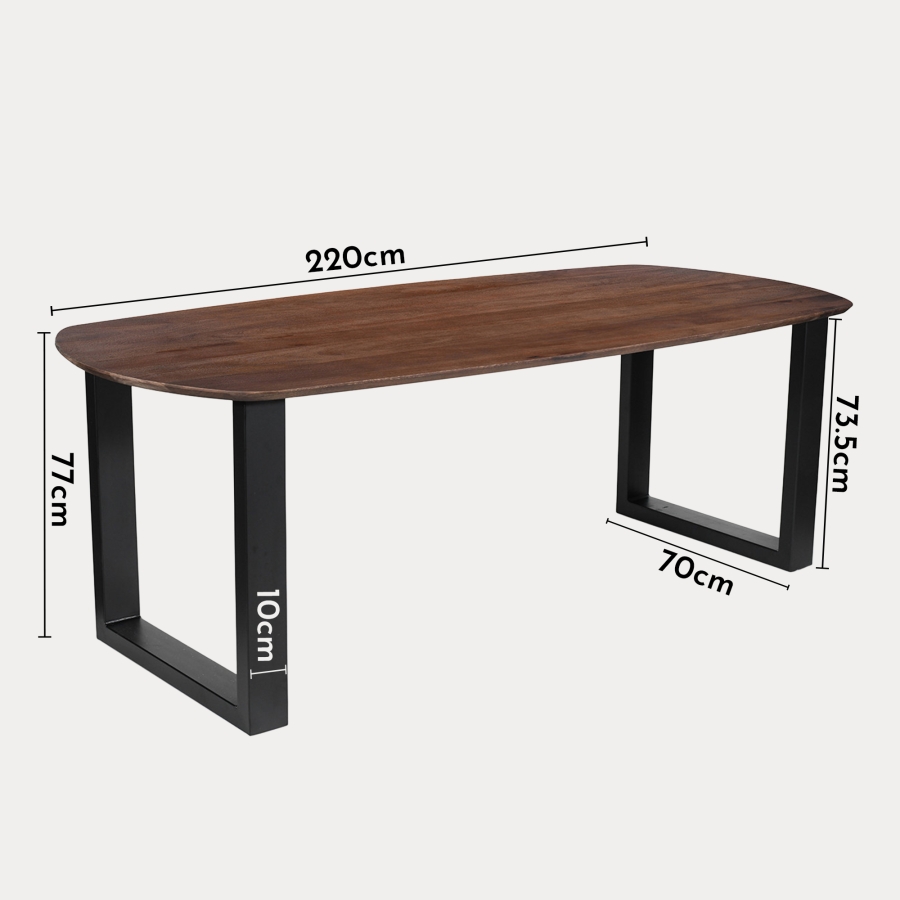 Table à manger ovale en bois de manguier clair pieds en métal noir 220 cm