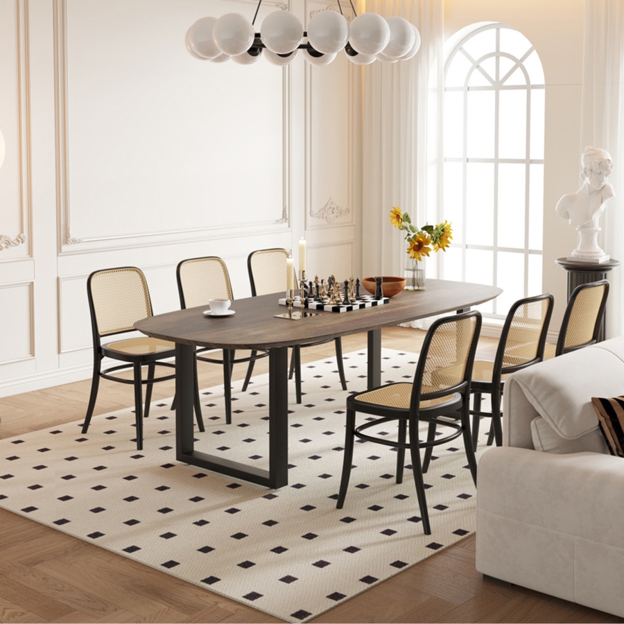 Table à manger ovale en bois de manguier foncé pieds en métal noir 220 cm