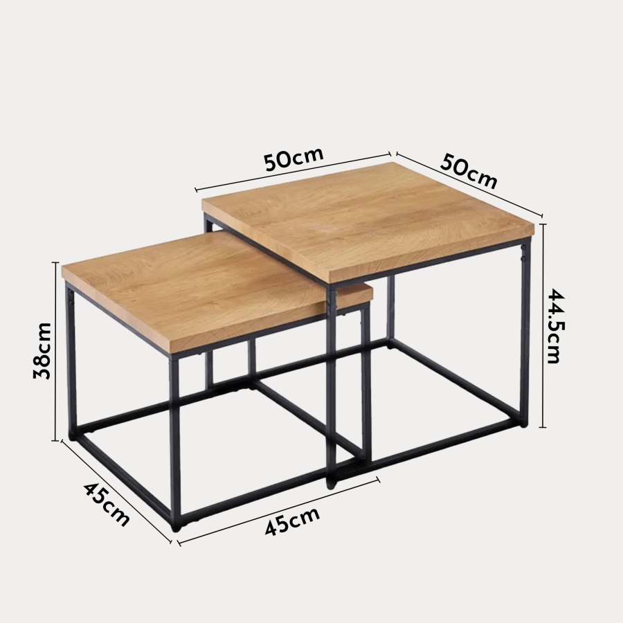 Lot de 2 tables basses gigognes carré en bois et métal noir